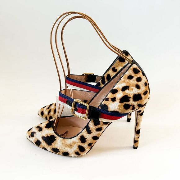 Gucci Web Stripe Sylvie Leopard Animal Print Heels Pumps 38.5, 8.5 - Picture 3 of 12